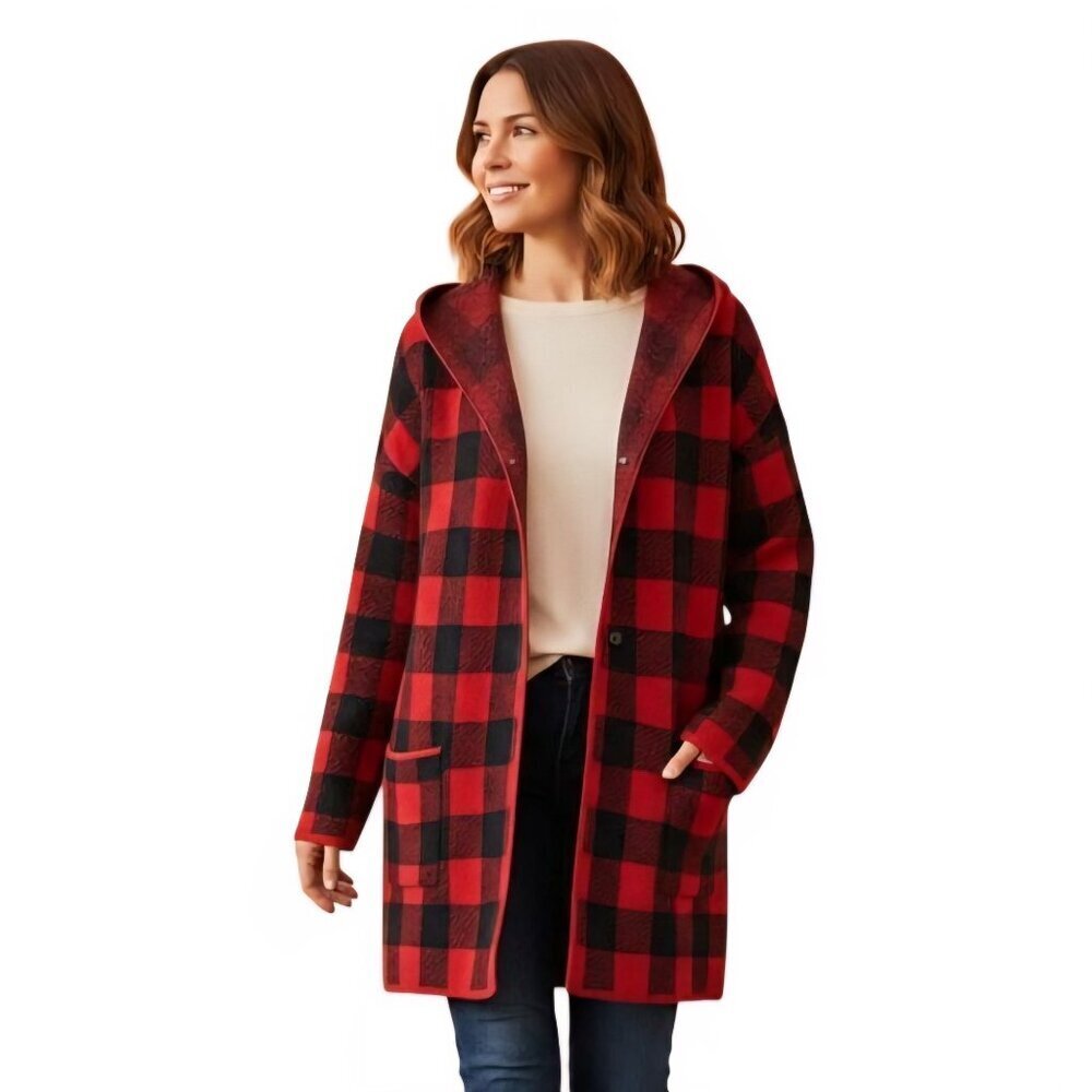 J. Jill Buffalo Plaid Coatigan Hooded Snap Closure Pockets Cotton Blend Size L